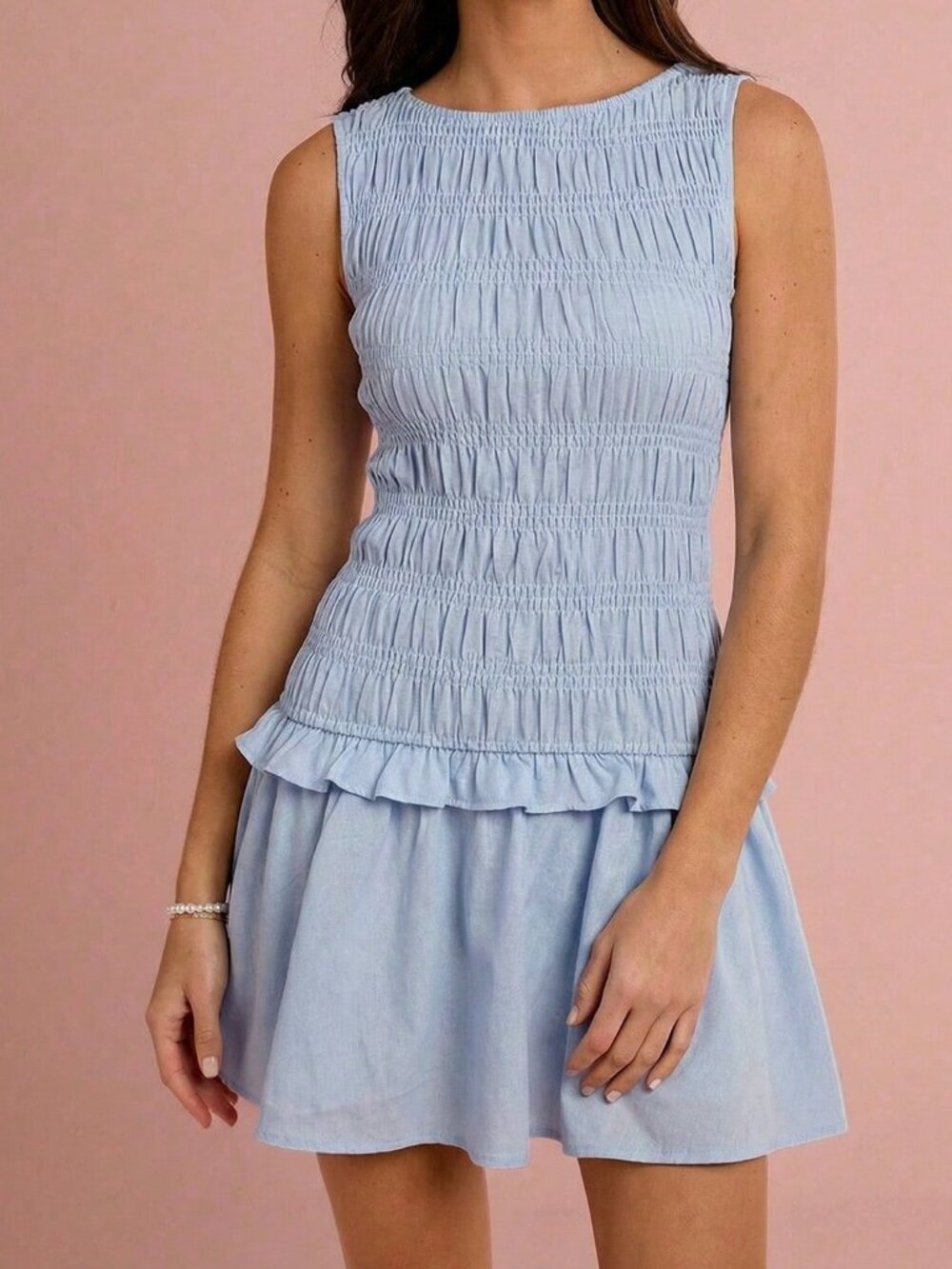 Baby Blue Elegant Women's Round Neck Ruffle Hem Casual Sleeveless Dress - Picture 5 of 5